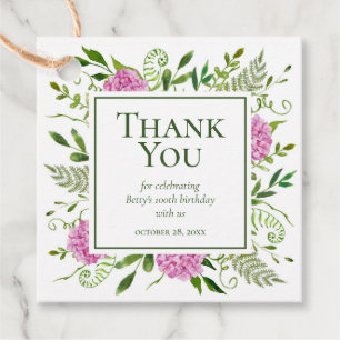 100th Birthday Pink Hydrangeas Thank You Favour Tags