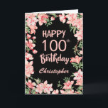 100th Birthday Pink Peach Watercolor Floral Black Card<br><div class="desc">100th Birthday Pink Peach Watercolor Floral Black Birthday Card. For further customisation,  please click the "Customise it" button and use our design tool to modify this template.</div>