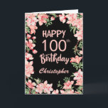100th Birthday Pink Peach Watercolor Floral Black Card<br><div class="desc">100th Birthday Pink Peach Watercolor Floral Black Birthday Card. For further customisation,  please click the "Customise it" button and use our design tool to modify this template.</div>