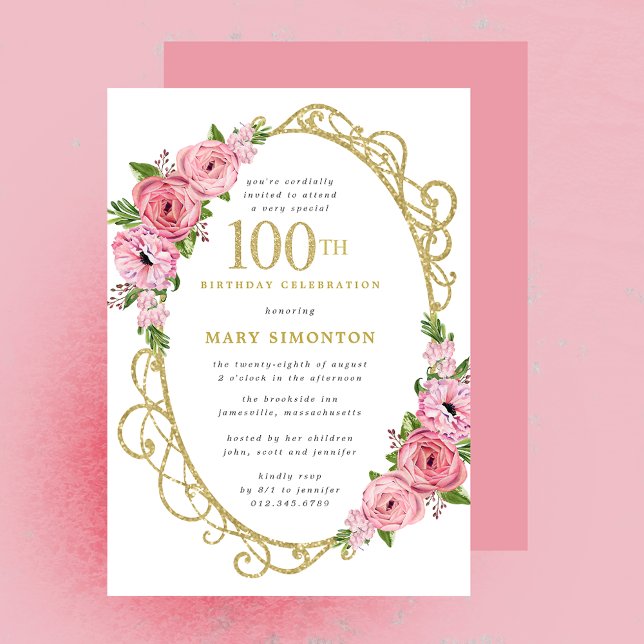 100th Birthday Pink Rose Floral Gold  Invitation (Creator Uploaded)