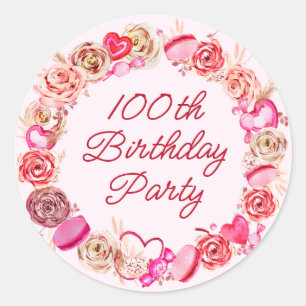 100th Birthday Pink Rose Swirly Heart Envelope Classic Round Sticker