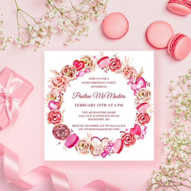 100th Birthday Pink Rose Swirly Heart Valentine Invitation (Creator Uploaded)