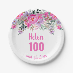 100th birthday pink watercolor floral paper plate