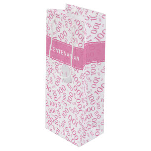 100th Birthday Pink/White Random Number Pattern Wine Gift Bag