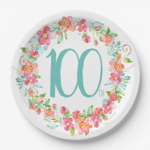 100th birthday pretty watercolor floral party paper plate