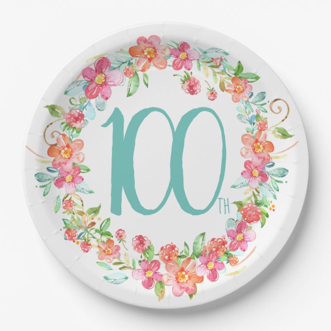 100th birthday pretty watercolor floral party paper plate (Front)
