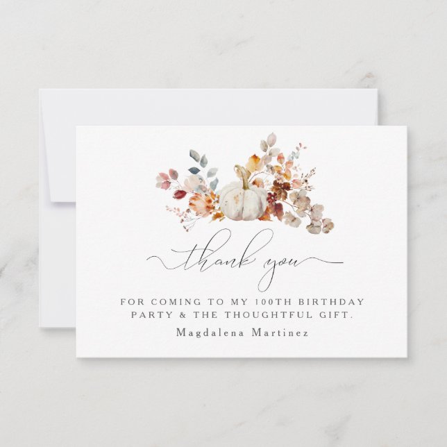100th Birthday Pumpkin Fall Flower Custom Flat Thank You Card (Front)