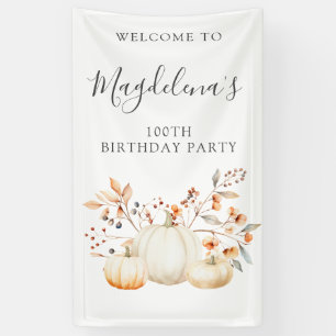 100th Birthday Pumpkin Fall Leaves Vertical Banner