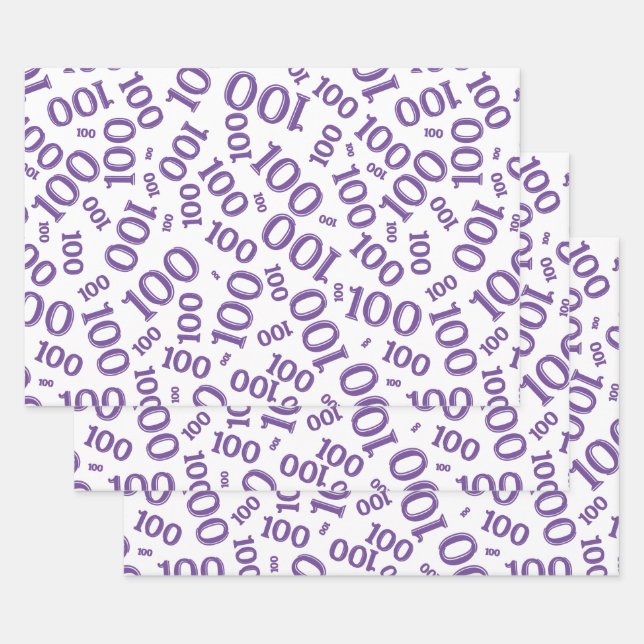100th Birthday  Purple Number Pattern 100 Wrapping Paper Sheet (Set)