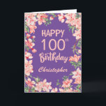 100th Birthday Purple Pink Peach Watercolor Floral Card<br><div class="desc">100th Birthday Purple Peach Watercolor Floral Birthday Card. For further customisation,  please click the "Customise it" button and use our design tool to modify this template.</div>