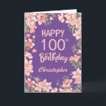 100th Birthday Purple Pink Peach Watercolor Floral Card<br><div class="desc">100th Birthday Purple Peach Watercolor Floral Birthday Card. For further customisation,  please click the "Customise it" button and use our design tool to modify this template.</div>