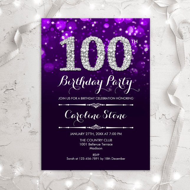 100th Birthday - Purple Silver Invitation (Creator Uploaded)