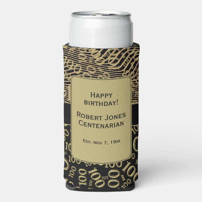 100th Birthday Random Number Pattern Black/Gold Seltzer Can Cooler (Seltzer Front)