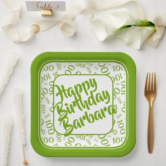 100th Birthday Random Number Pattern Green/White Paper Plate (Wedding)