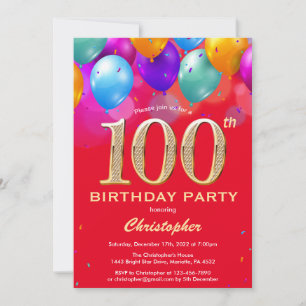 100th Birthday Red and Gold Colourful Balloons Invitation