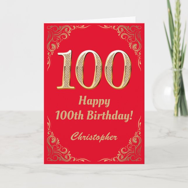 100th Birthday Red and Gold Glitter Frame Card (Front)