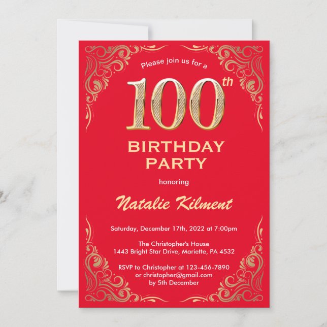 100th Birthday Red and Gold Glitter Frame Invitation (Front)