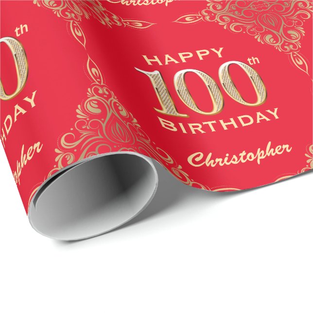 100th Birthday Red and Gold Glitter Frame Wrapping Paper (Roll Corner)