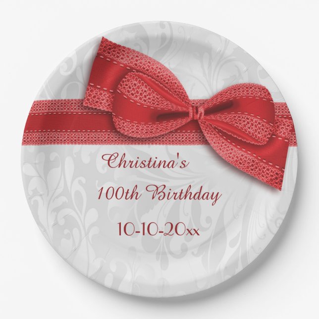 100th Birthday Red Damask and Faux Bow Paper Plate (Front)