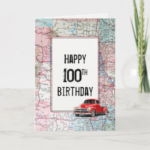 100th Birthday Red Retro Truck on Map Card
