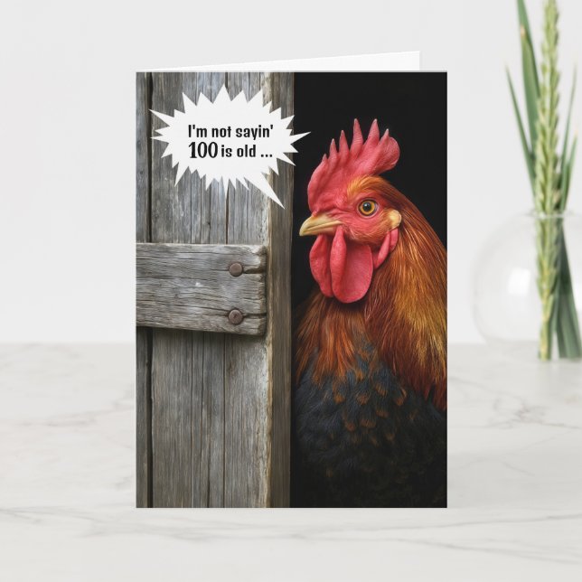 100th Birthday Rooster Peeking Around Barn Door Card (Front)