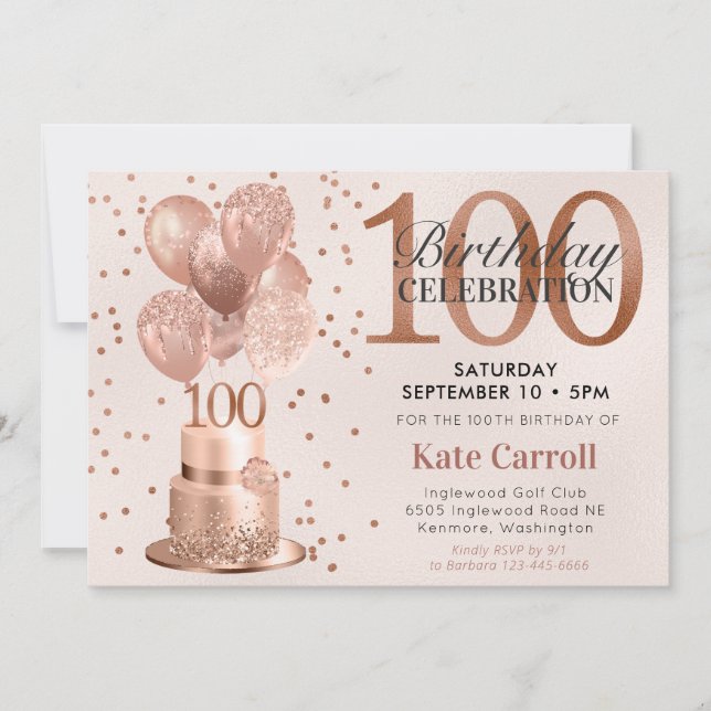 100th Birthday Rose Gold Cake Invitation (Front)