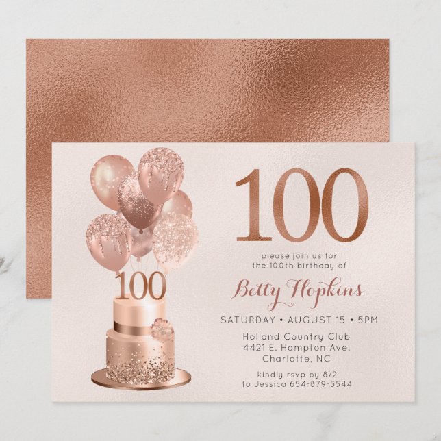 100th Birthday Rose Gold Cake Invitation (Front/Back)