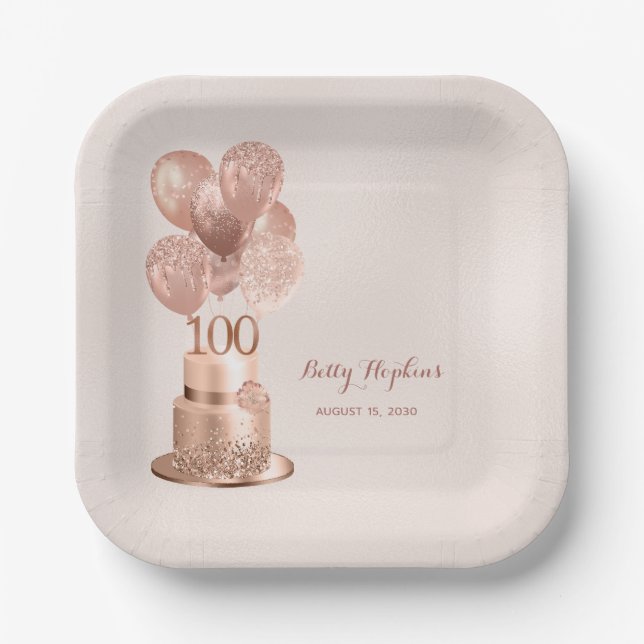 100th Birthday Rose Gold Cake Paper Plate (Front)