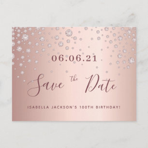 100th birthday rose gold diamonds save the date postcard