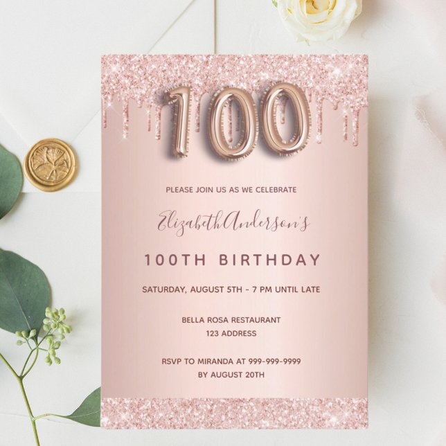 100th birthday rose gold glitter drips pink glam invitation (Creator Uploaded)