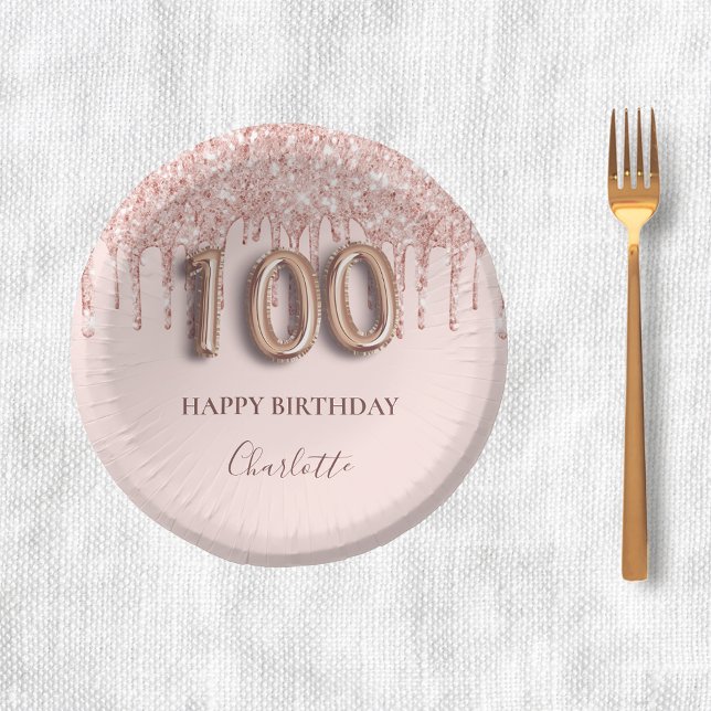 100th birthday rose gold glitter drips pink paper plate (Creator Uploaded)