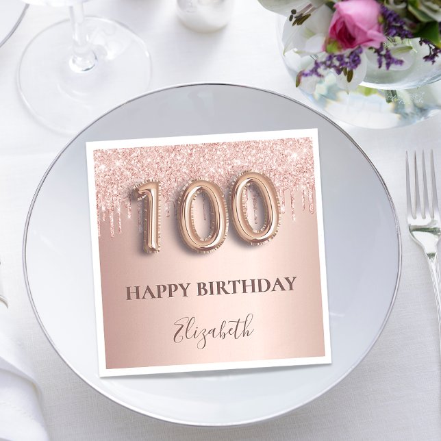 100th birthday rose gold glitter pink balloon text napkin (Creator Uploaded)