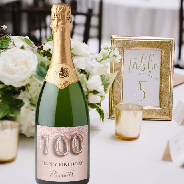 100th birthday rose gold glitter pink balloon text sparkling wine label (Creator Uploaded)