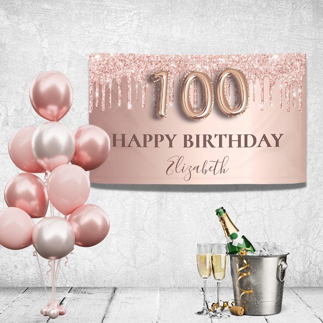 100th birthday rose gold glitter pink balloons banner (Creator Uploaded)
