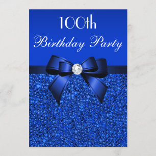 100th Birthday Royal Blue Sequins Bow and Diamond Invitation