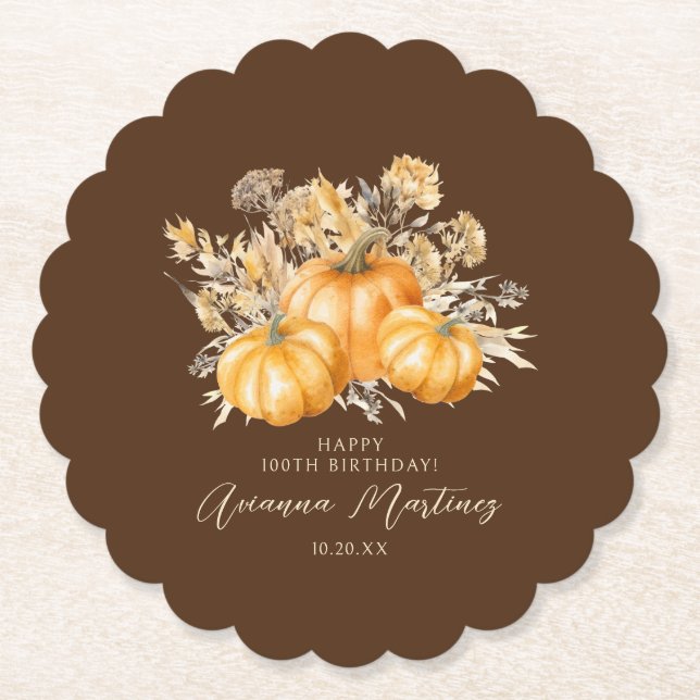 100th Birthday Rustic Boho Pumpkin Fall Custom Paper Coaster (Front)