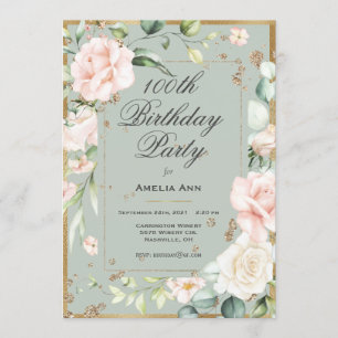 100th Birthday Sage Green Gold Watercolor Floral Invitation