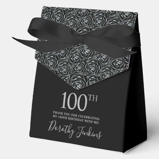 100th Birthday Silver Glitter Roses Thank You  Favour Box (Front)
