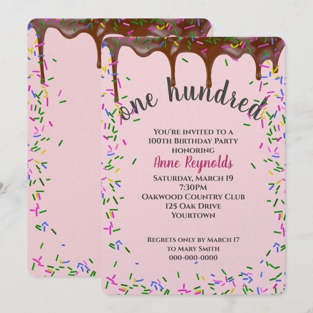 100th Birthday Sprinkles on Chocolate Icing Invitation (Front/Back)