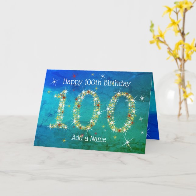100th Birthday - Star Numbers - Blue/Green Age 100 Card (Yellow Flower)