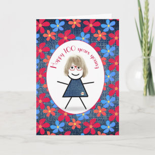100th Birthday Stick Girl and Daisies On Denim Card