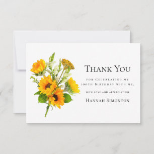 100th Birthday Sunflower Bouquet Personalised Thank You Card