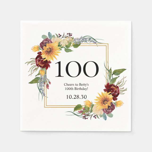 100th Birthday Sunflowers Napkin (Front)