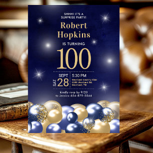 100th Birthday Surprise Navy Blue Gold Balloons Invitation