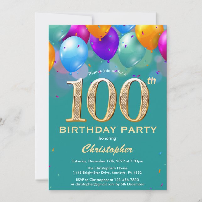 100th Birthday Teal and Gold Colourful Balloons Invitation (Front)