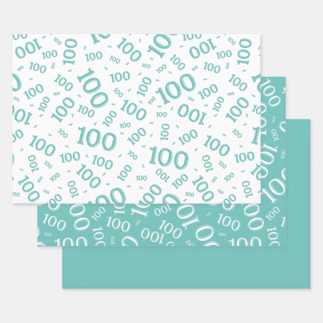 100th Birthday Teal/White Number Pattern 100 Wrapping Paper Sheet (Set)