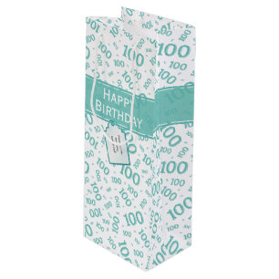 100th Birthday Teal/White Random Number Pattern Wine Gift Bag