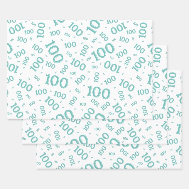 100th Birthday Teal/White Random Number Pattern Wrapping Paper Sheet (Set)