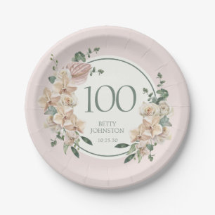 100th Birthday Tropical Floral Paper Plate