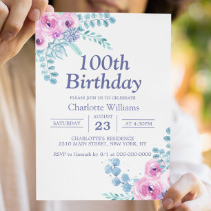 100th Birthday Watercolor Floral Purple 100 Years Invitation